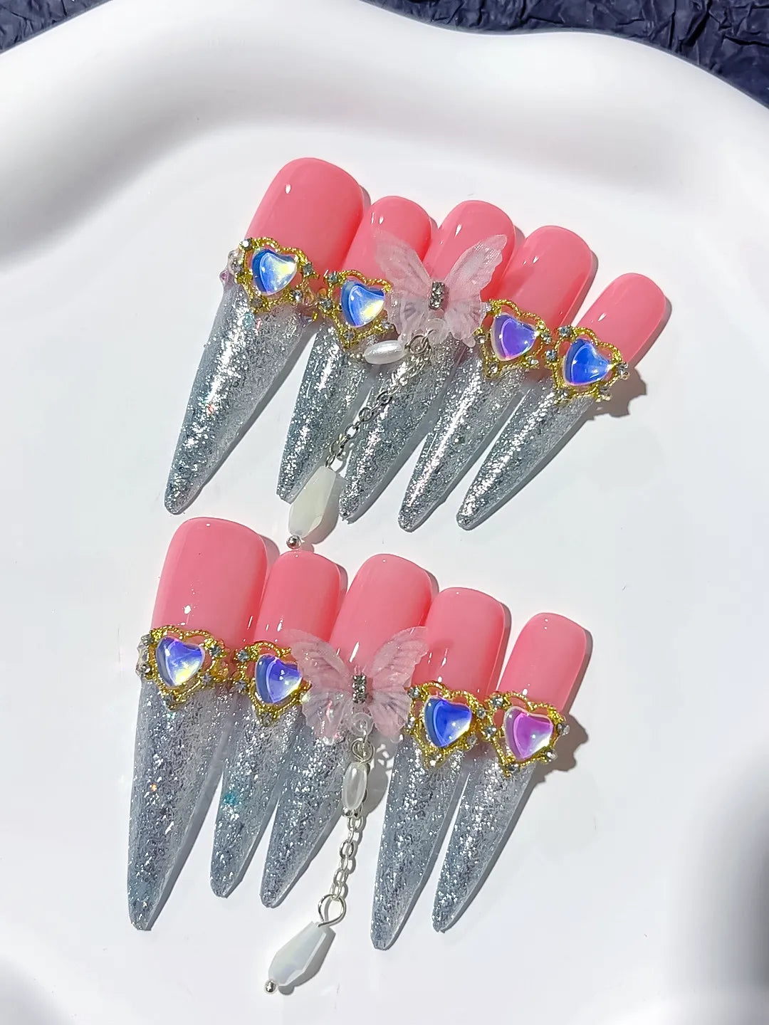 M089 - Long Pink Silver Stiletto Solid color Rhinestone Metallic Accent