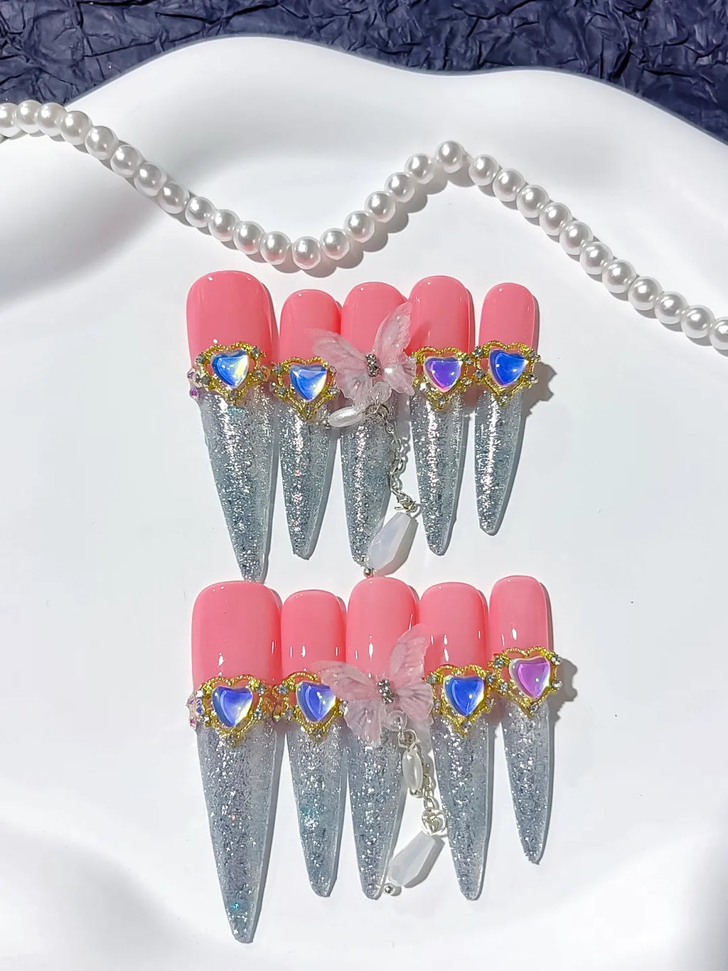 M089 - Long Pink Silver Stiletto Solid color Rhinestone Metallic Accent