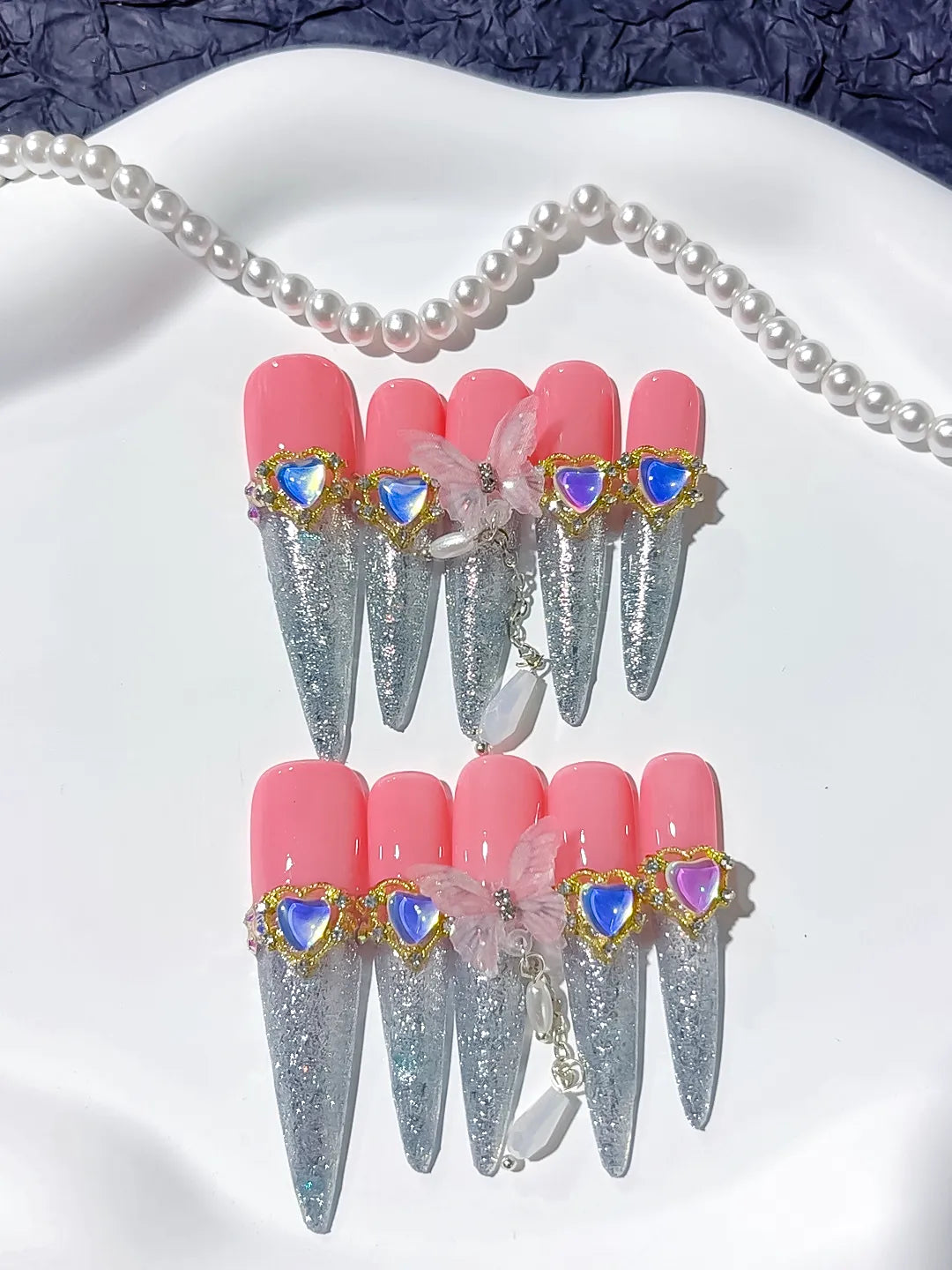 M089 - Long Pink Silver Stiletto Solid color Rhinestone Metallic Accent
