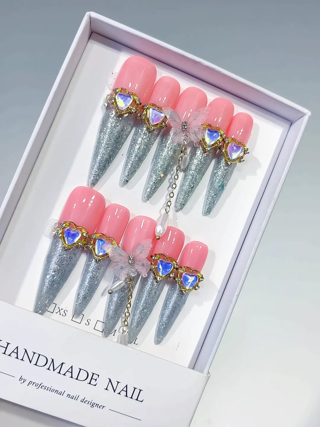 M089 - Long Pink Silver Stiletto Solid color Rhinestone Metallic Accent