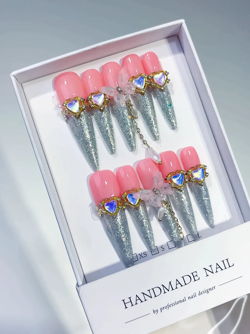 M089 - Long Pink Silver Stiletto Solid color Rhinestone Metallic Accent