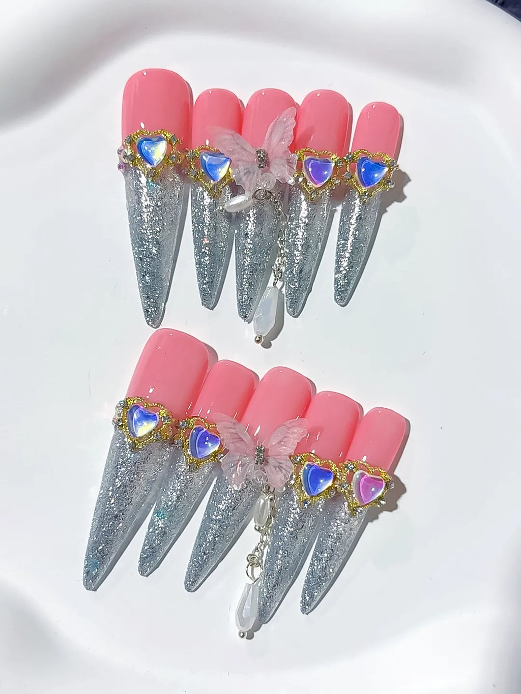 M089 - Long Pink Silver Stiletto Solid color Rhinestone Metallic Accent