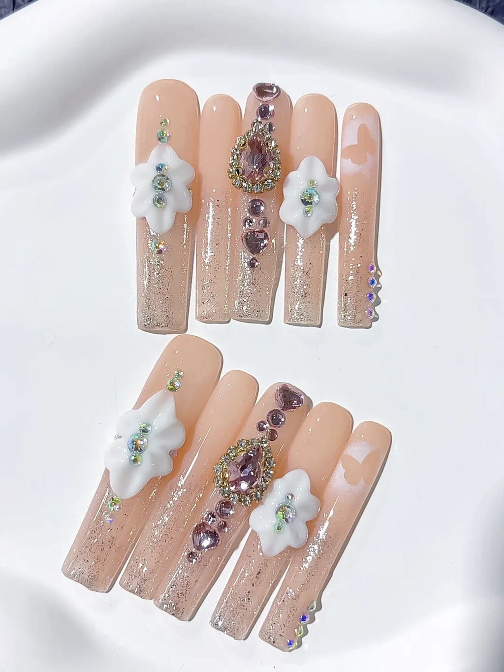 M090 - Long Nude White Square Solid color Flower Rhinestone
