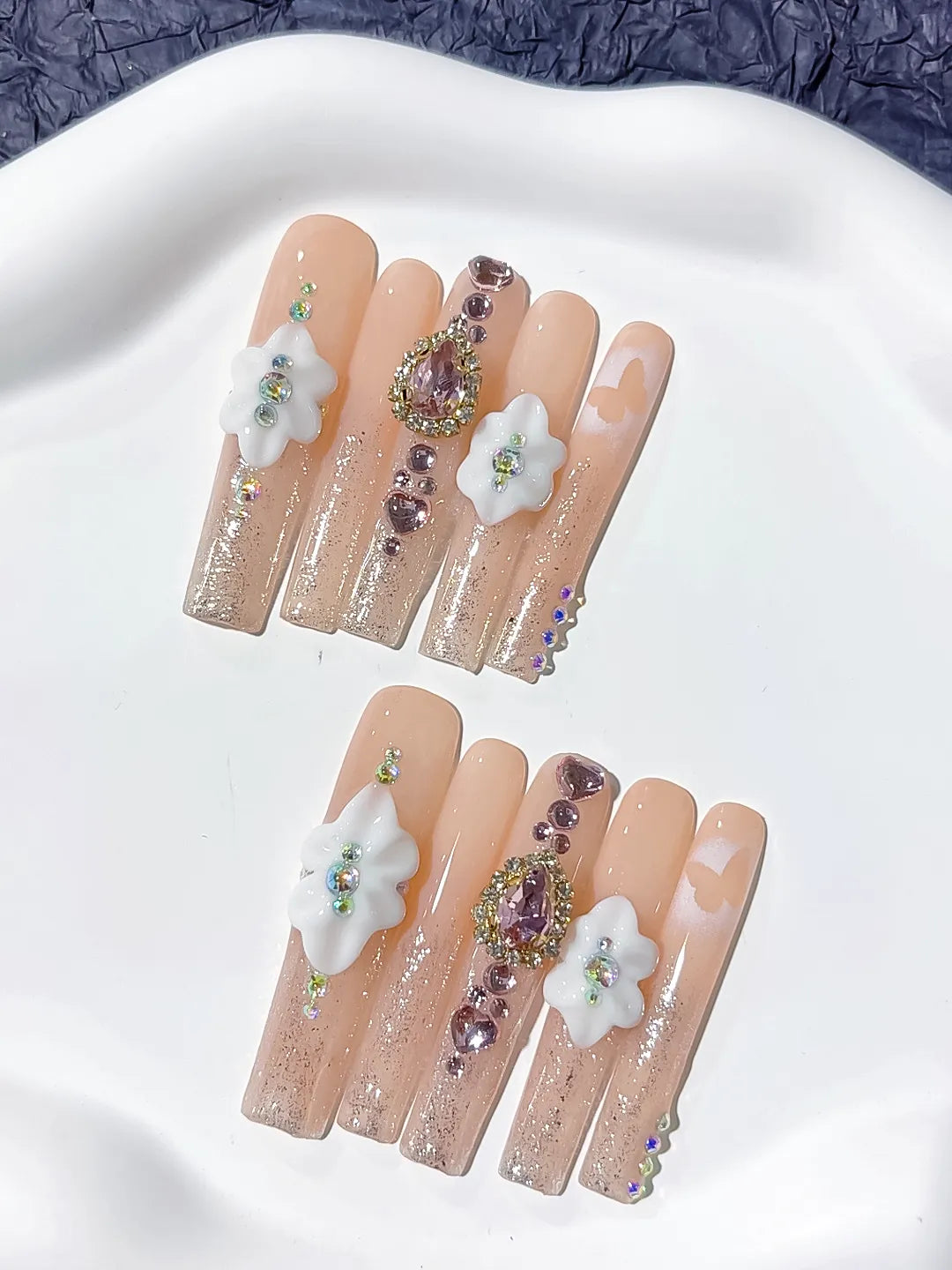 M090 - Long Nude White Square Solid color Flower Rhinestone