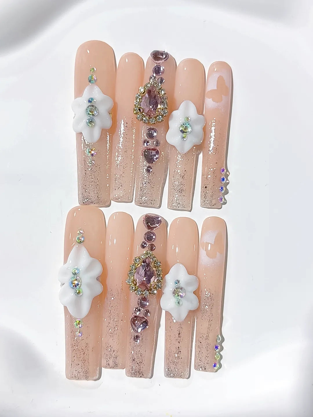 M090 - Long Nude White Square Solid color Flower Rhinestone