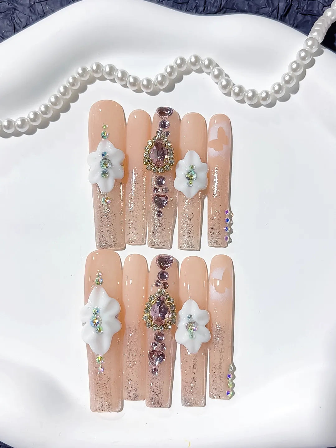 M090 - Long Nude White Square Solid color Flower Rhinestone
