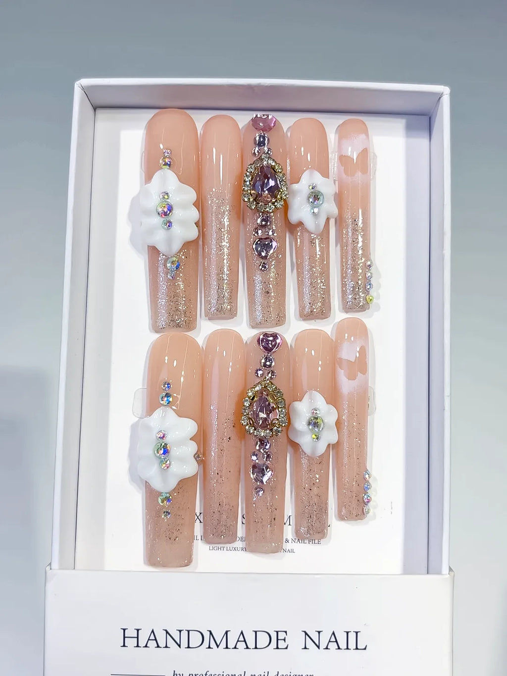 M090 - Long Nude White Square Solid color Flower Rhinestone