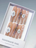 M090 - Long Nude White Square Solid color Flower Rhinestone
