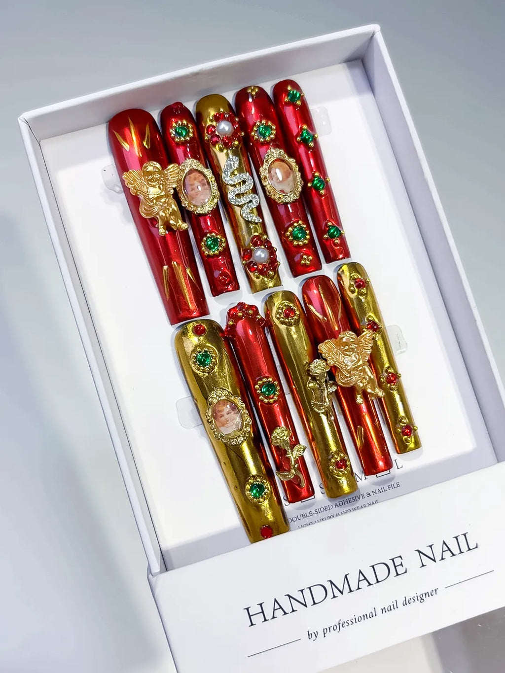 M092 - Long Red Gold Square Abstract Character Metallic Accent