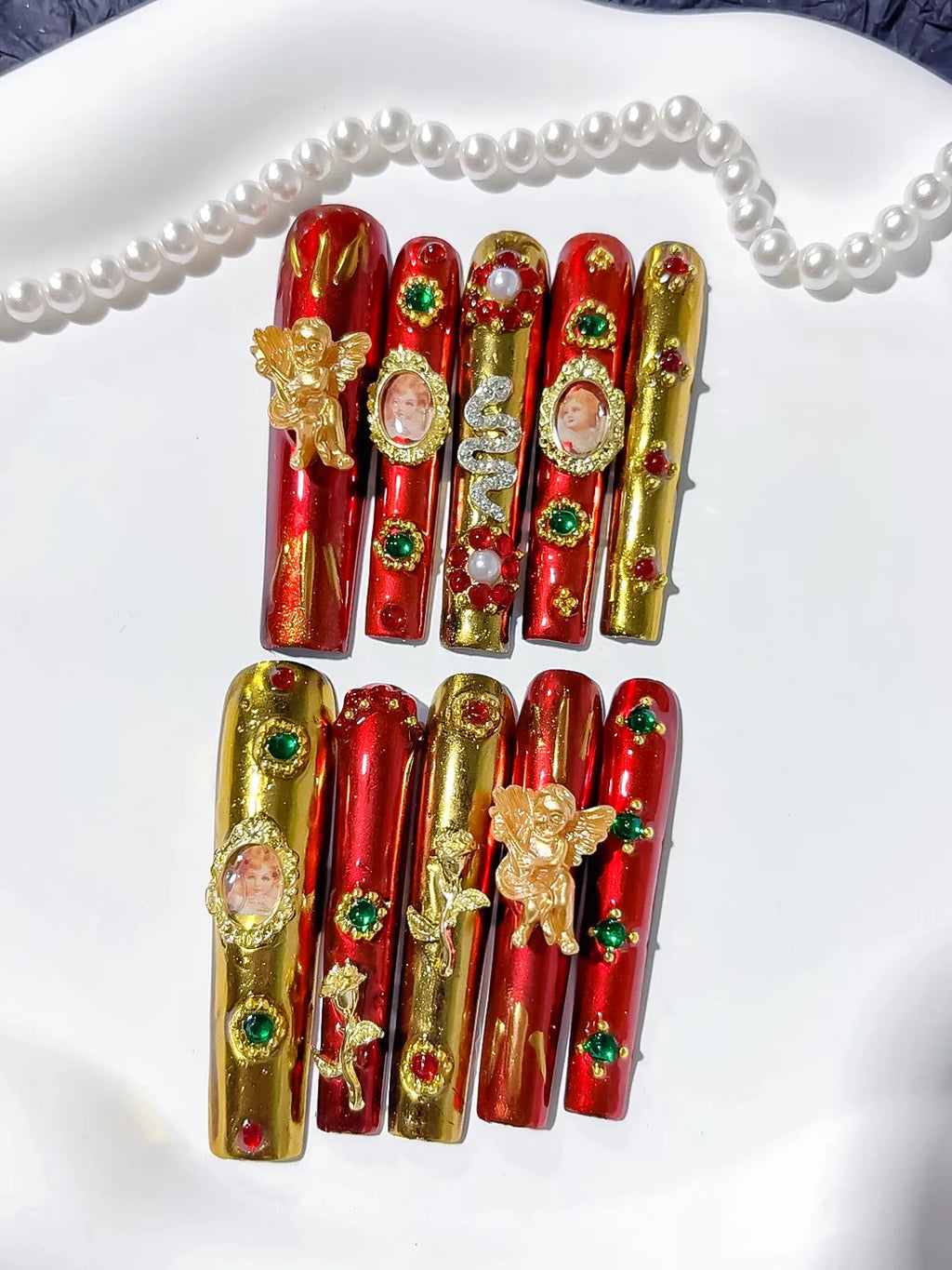 M092 - Long Red Gold Square Abstract Character Metallic Accent