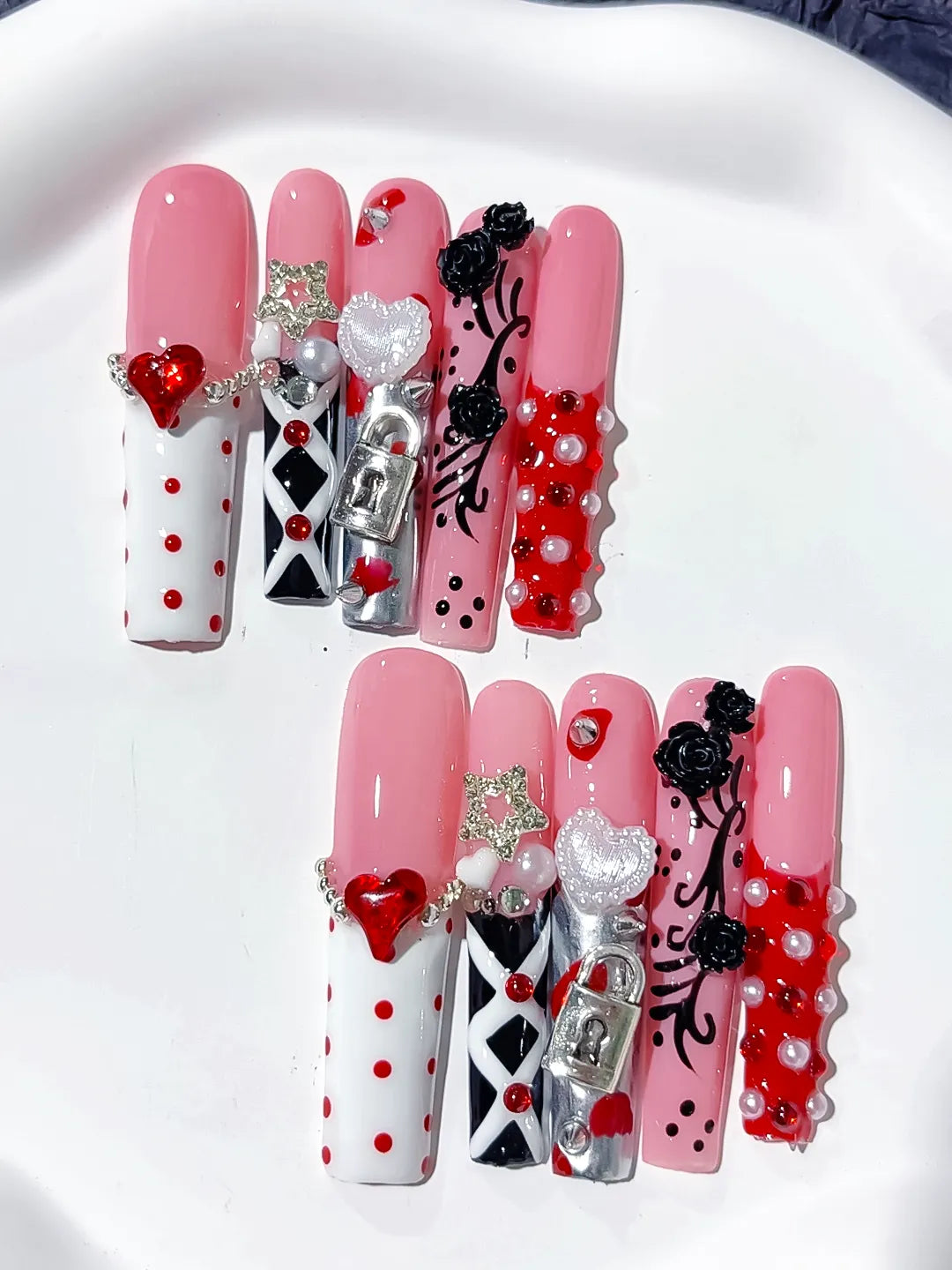 M094 - Long Pink White Square Abstract Heart Flower
