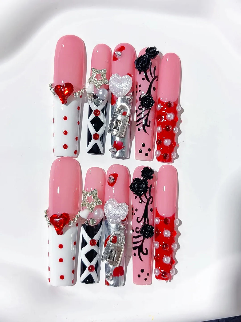 M094 - Long Pink White Square Abstract Heart Flower