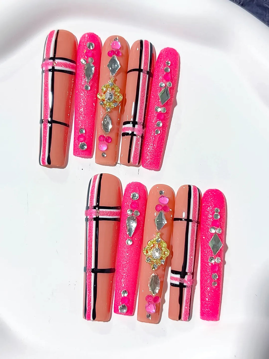 M095 - Long Pink Silver Square Abstract Grid Rhinestone
