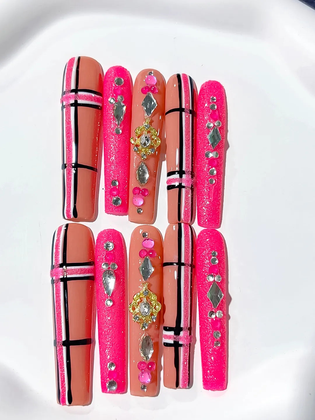 M095 - Long Pink Silver Square Abstract Grid Rhinestone