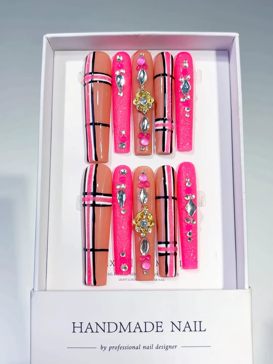 M095 - Long Pink Silver Square Abstract Grid Rhinestone