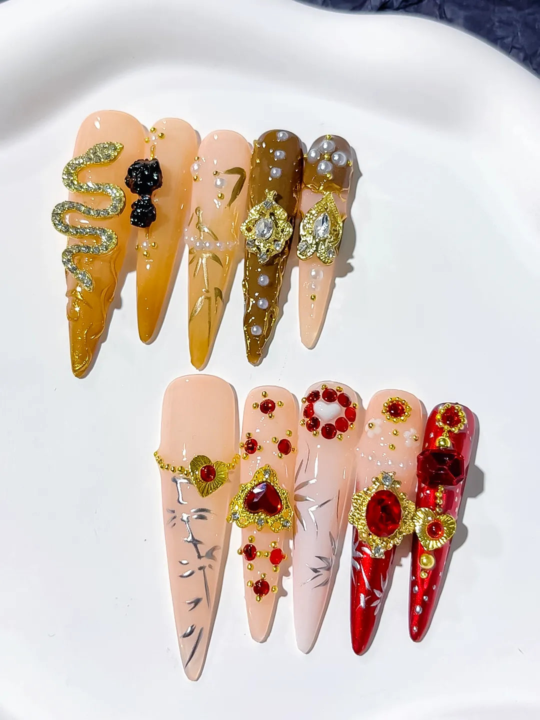 M098 - Long Brown Yellow Stiletto Solid color Flower Rhinestone