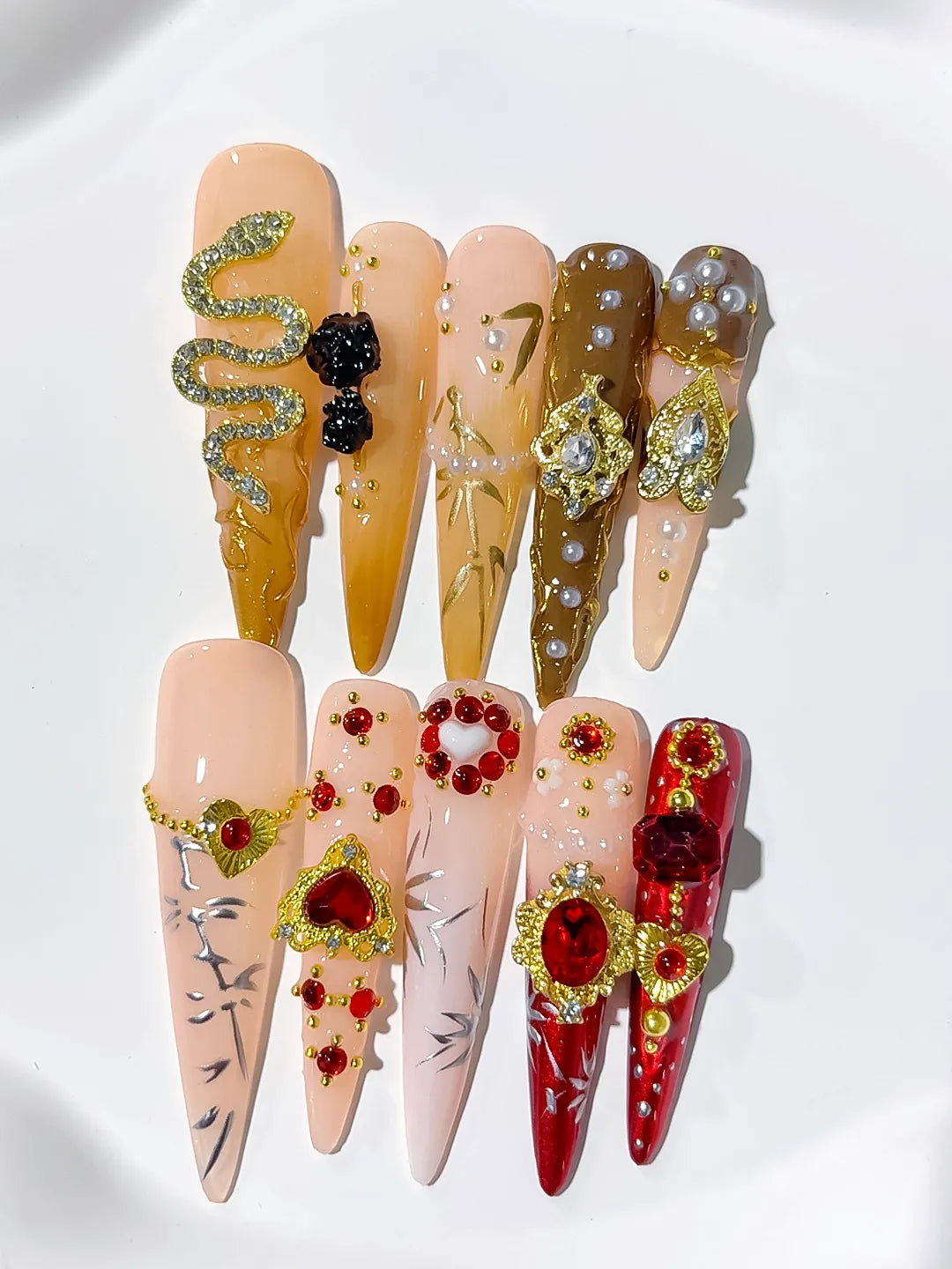 M098 - Long Brown Yellow Stiletto Solid color Flower Rhinestone