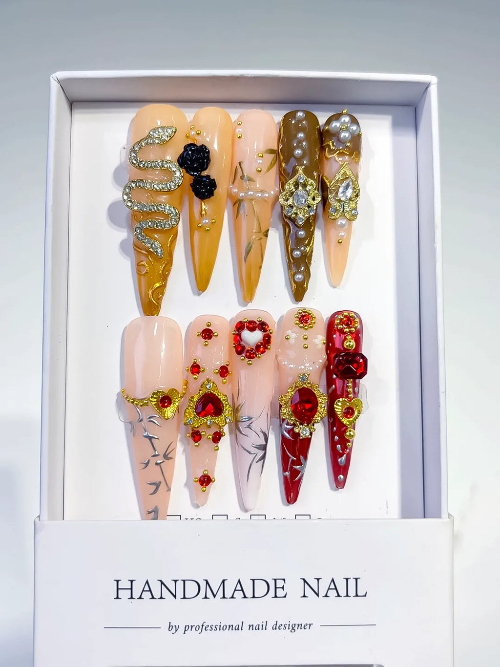 M098 - Long Brown Yellow Stiletto Solid color Flower Rhinestone
