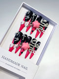 M101 - Long Pink Black Stiletto Abstract Bow Rhinestone