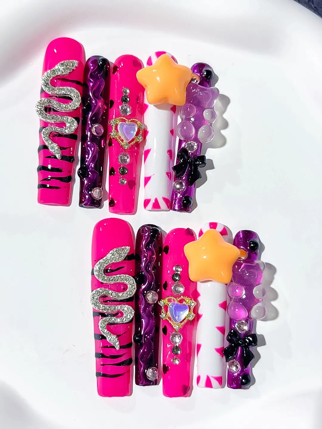 M102 - Long Pink Black Square Abstract Flower Bow