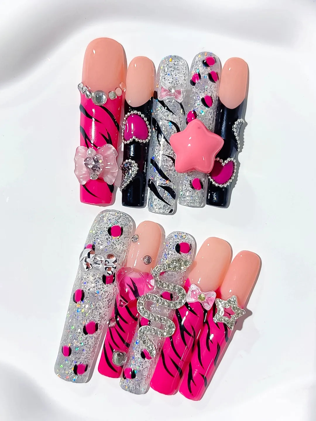 M103 - Long Pink Black Square Abstract Flower Bow