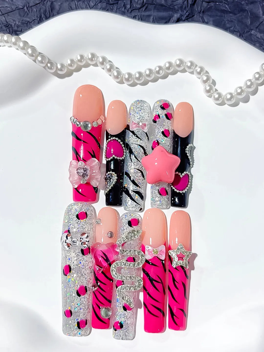 M103 - Long Pink Black Square Abstract Flower Bow