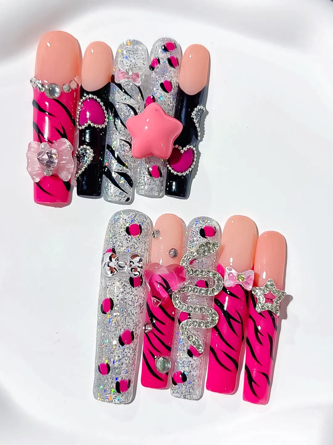 M103 - Long Pink Black Square Abstract Flower Bow