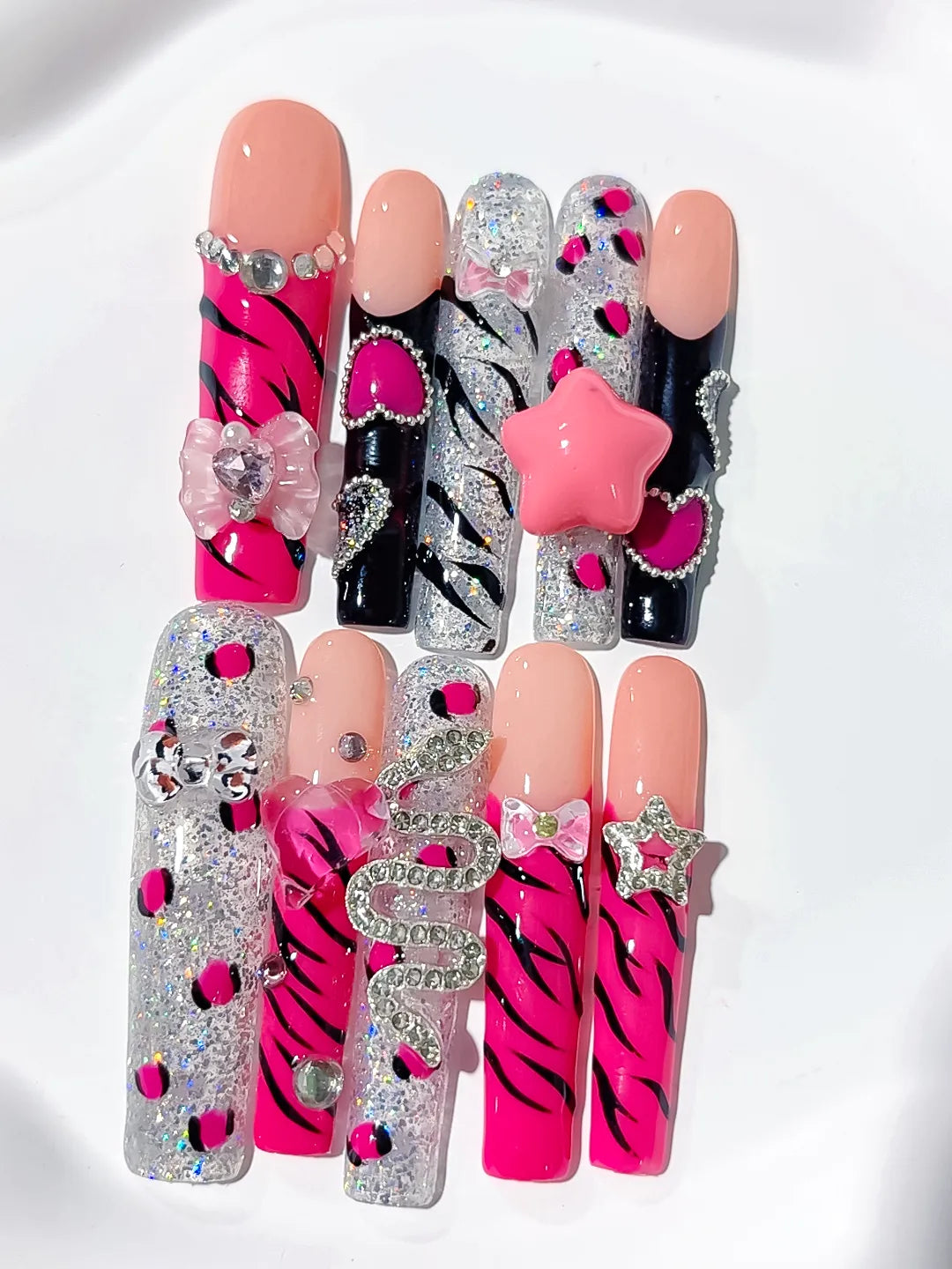M103 - Long Pink Black Square Abstract Flower Bow