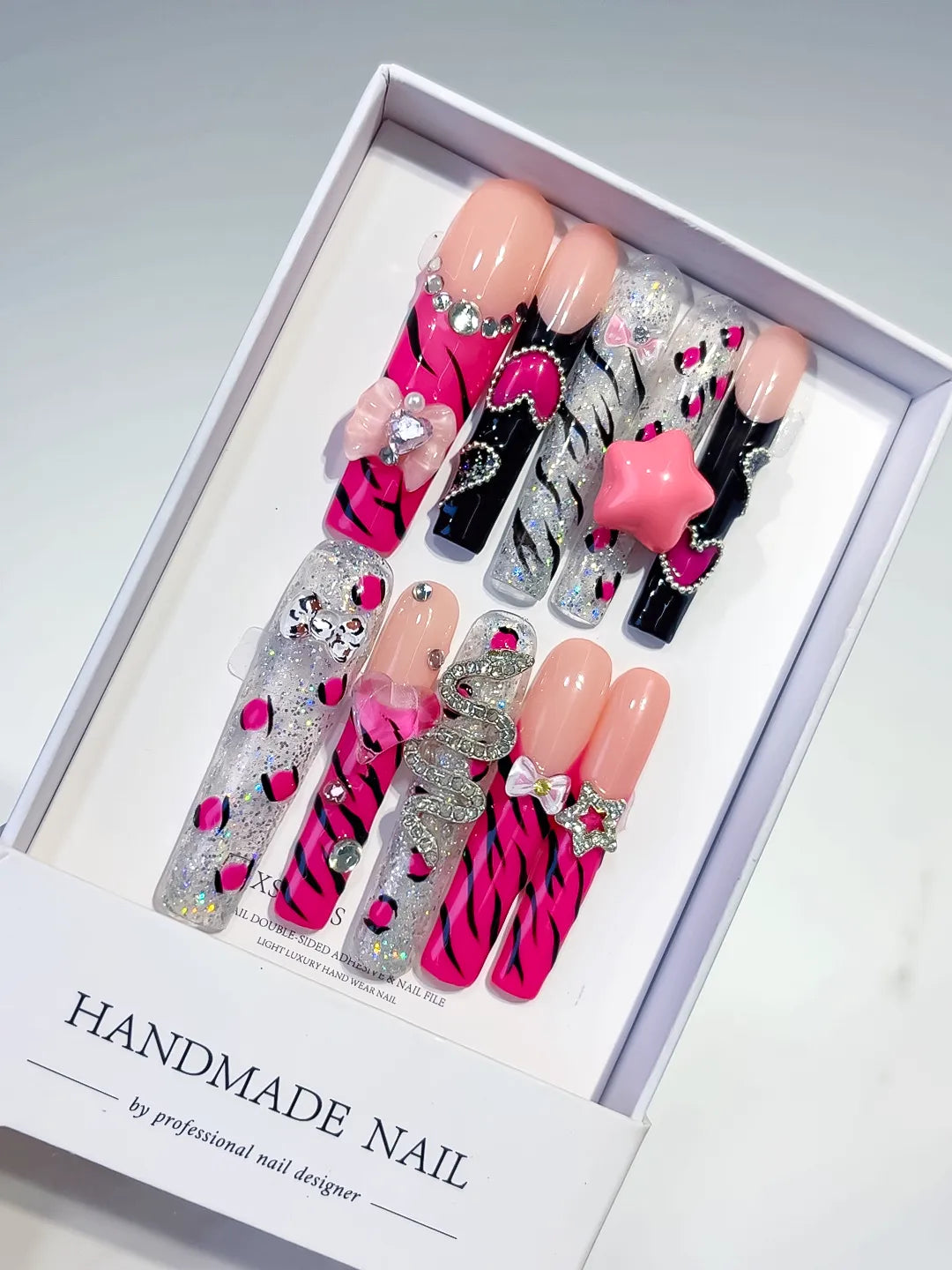 M103 - Long Pink Black Square Abstract Flower Bow