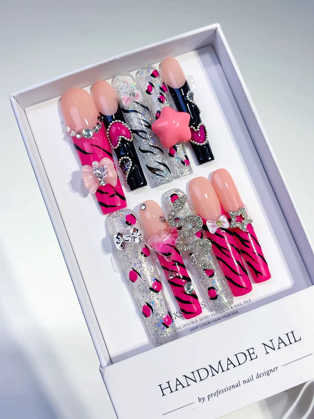 M103 - Long Pink Black Square Abstract Flower Bow