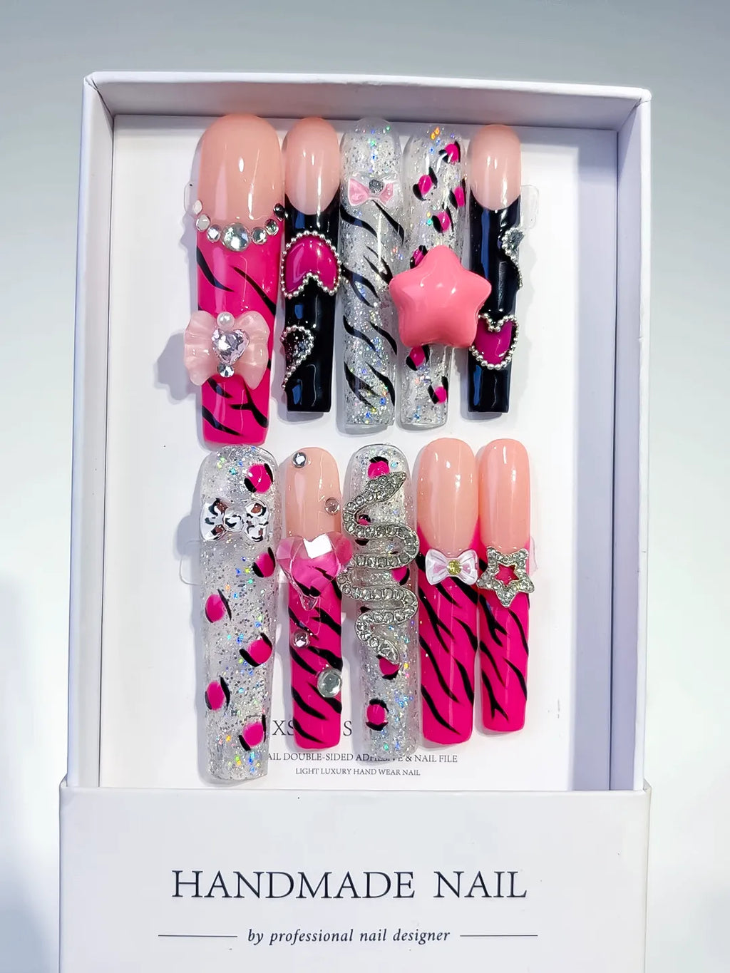 M103 - Long Pink Black Square Abstract Flower Bow