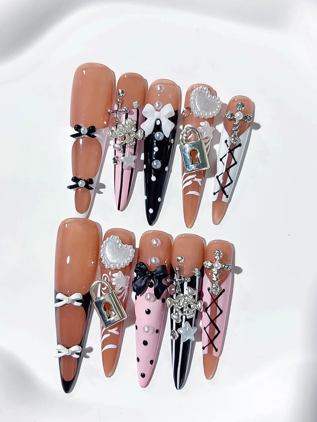 M104 - Long Nude Silver Stiletto Solid color Rhinestone Crystal Cluster