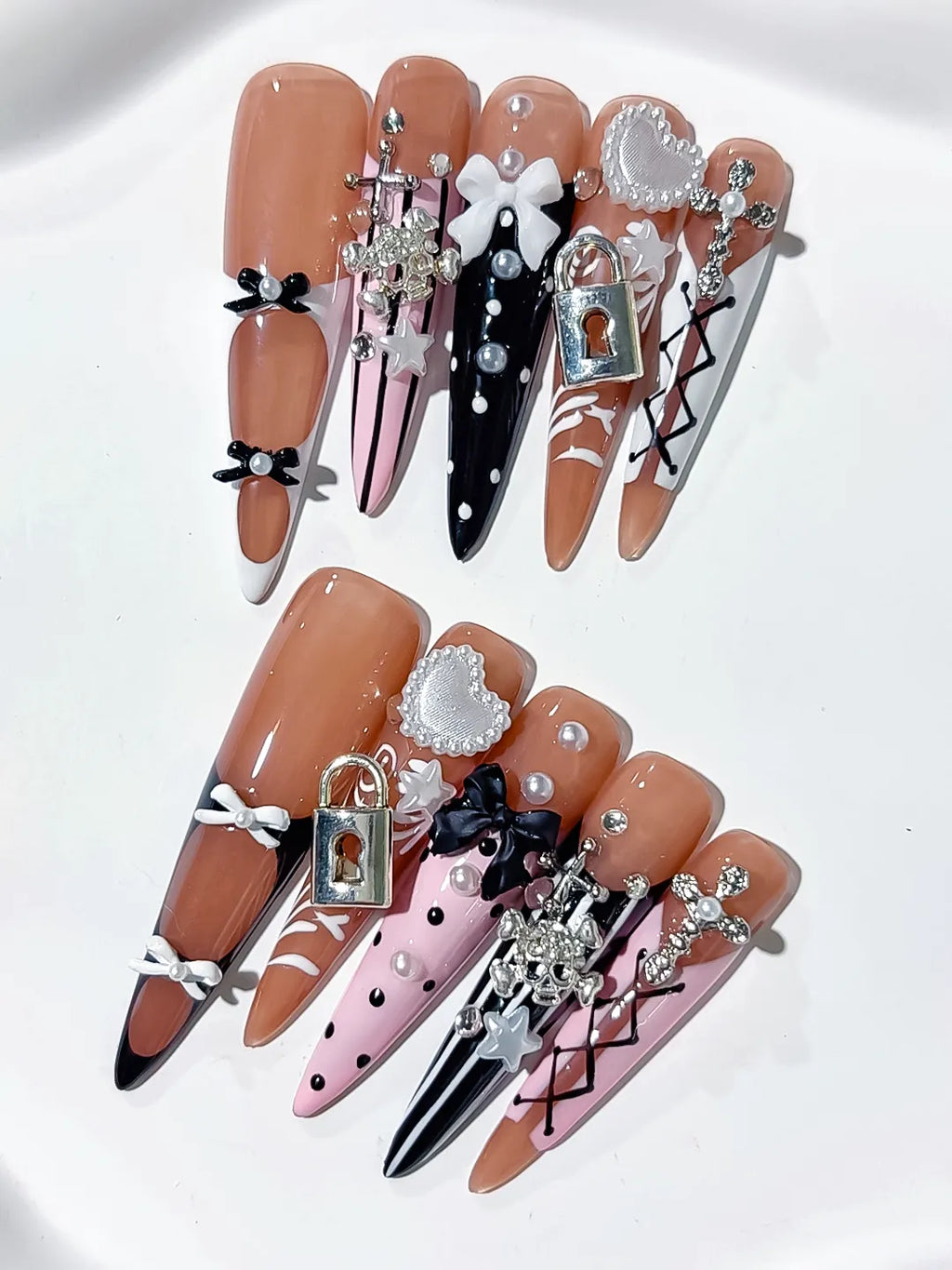 M104 - Long Nude Silver Stiletto Solid color Rhinestone Crystal Cluster