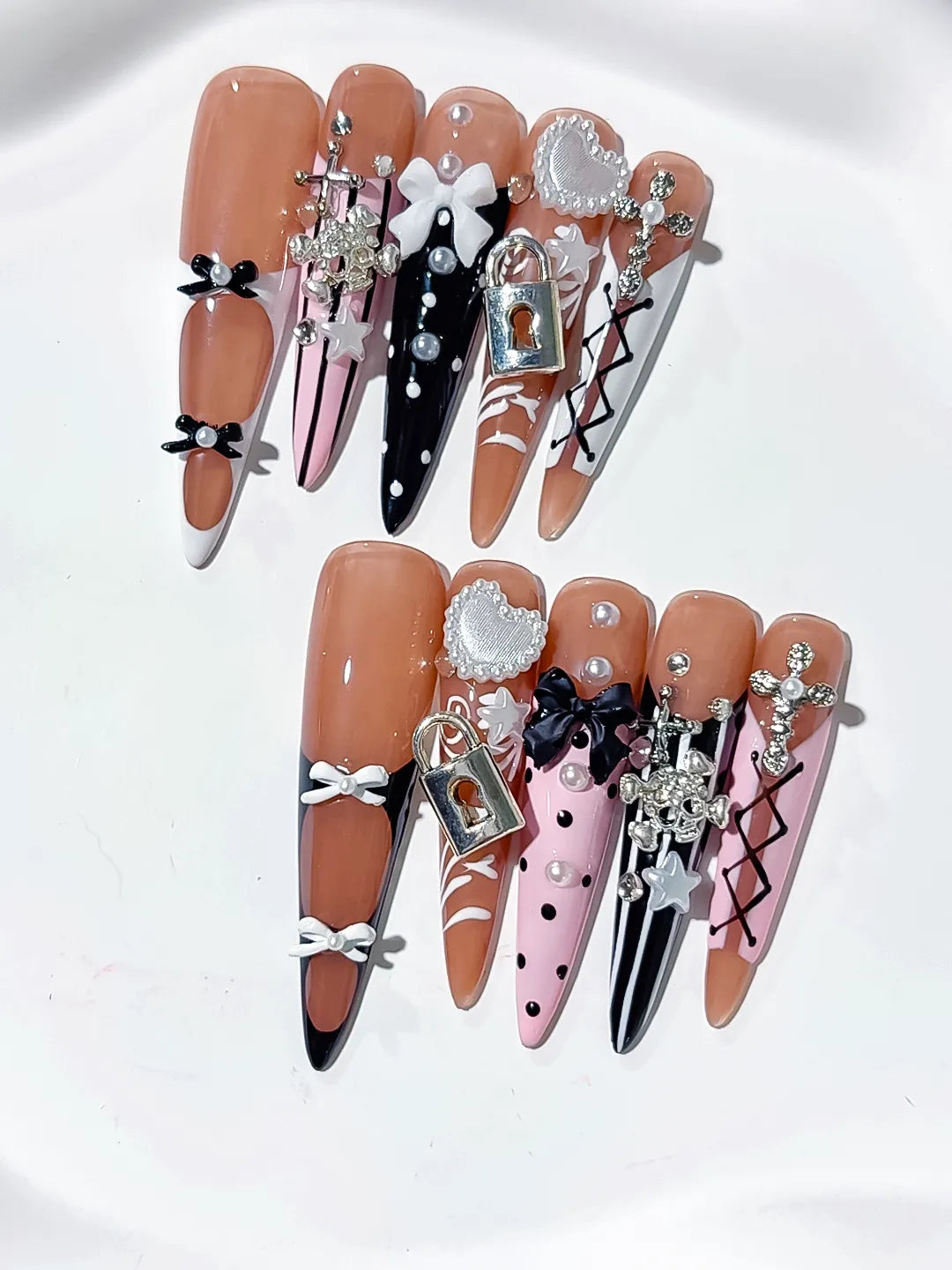 M104 - Long Nude Silver Stiletto Solid color Rhinestone Crystal Cluster