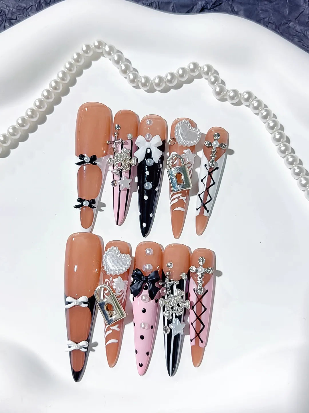 M104 - Long Nude Silver Stiletto Solid color Rhinestone Crystal Cluster