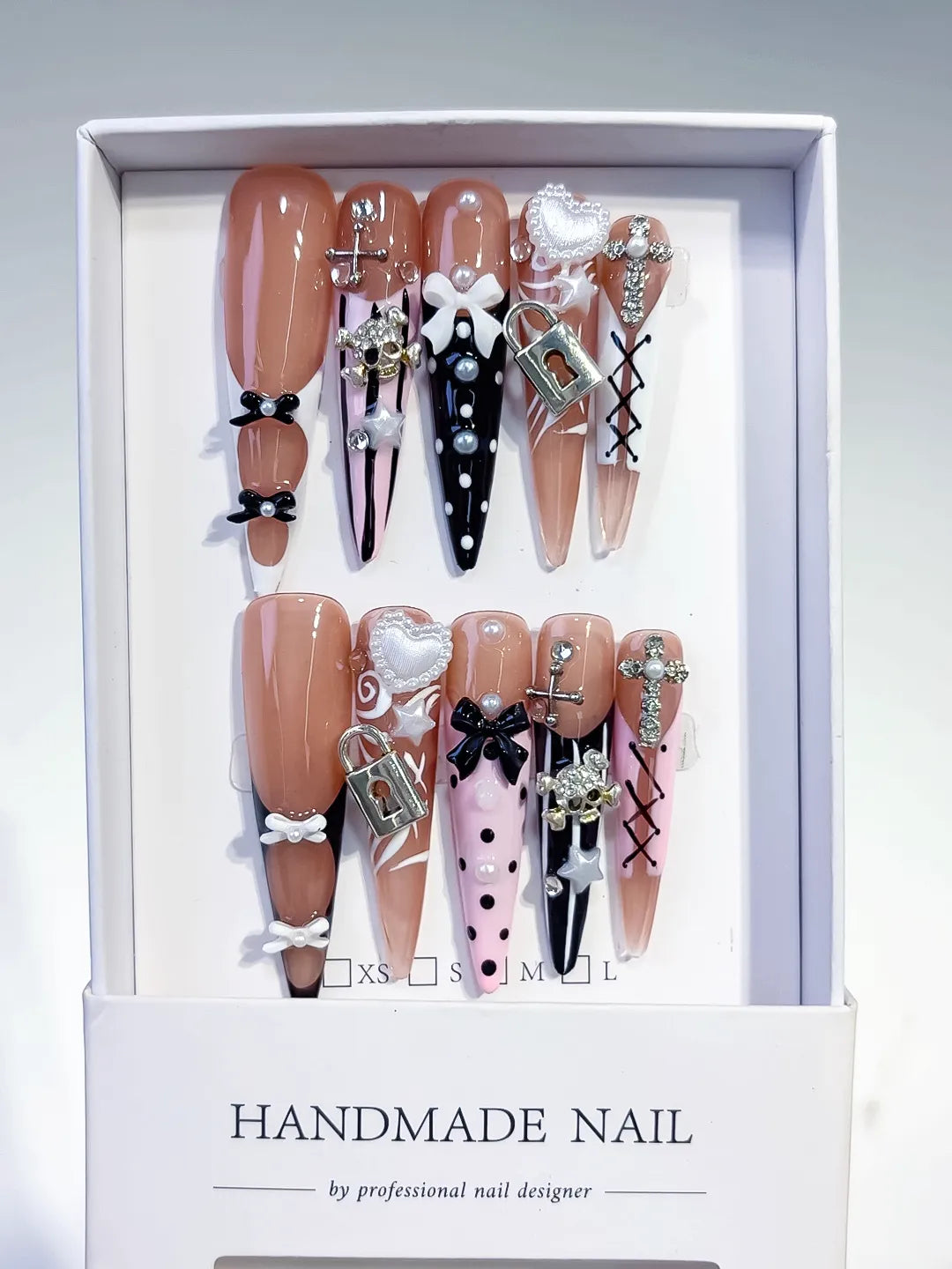 M104 - Long Nude Silver Stiletto Solid color Rhinestone Crystal Cluster