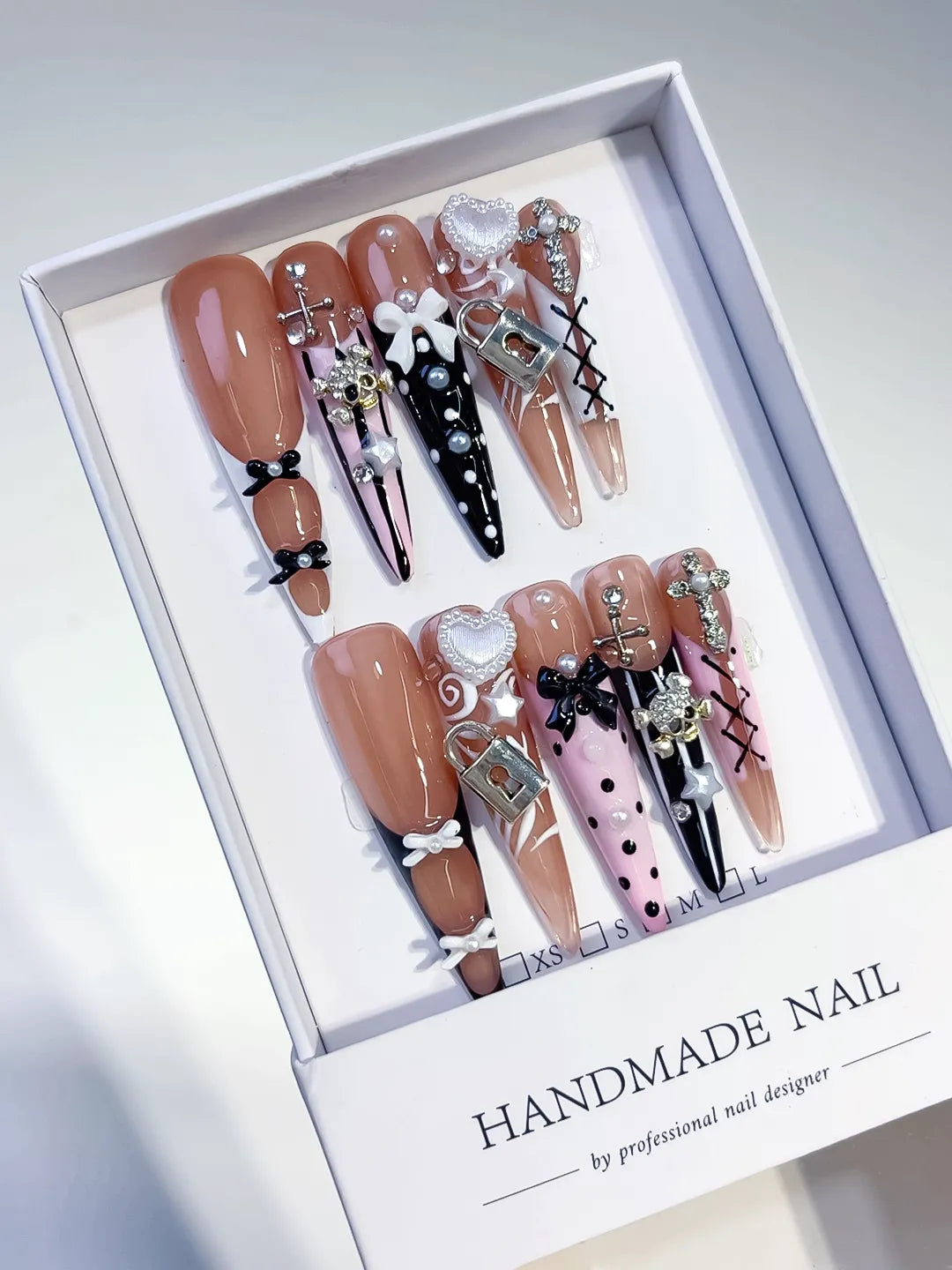 M104 - Long Nude Silver Stiletto Solid color Rhinestone Crystal Cluster