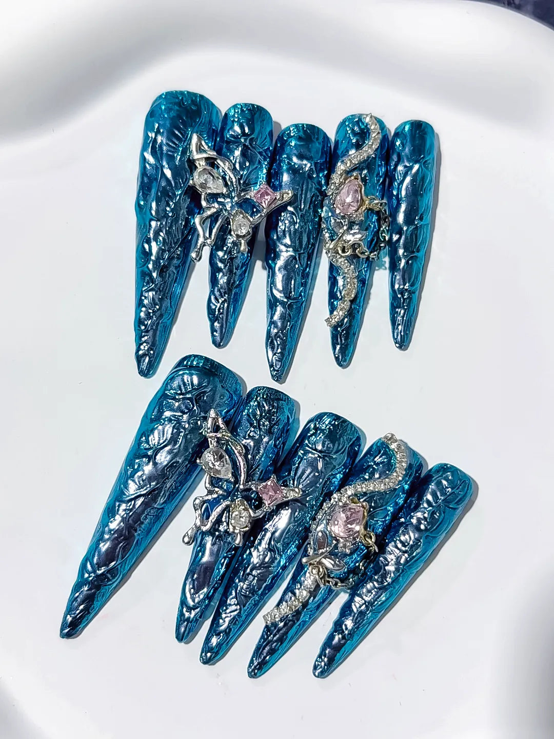 M107 - Long Blue Silver Stiletto Glitter Rhinestone