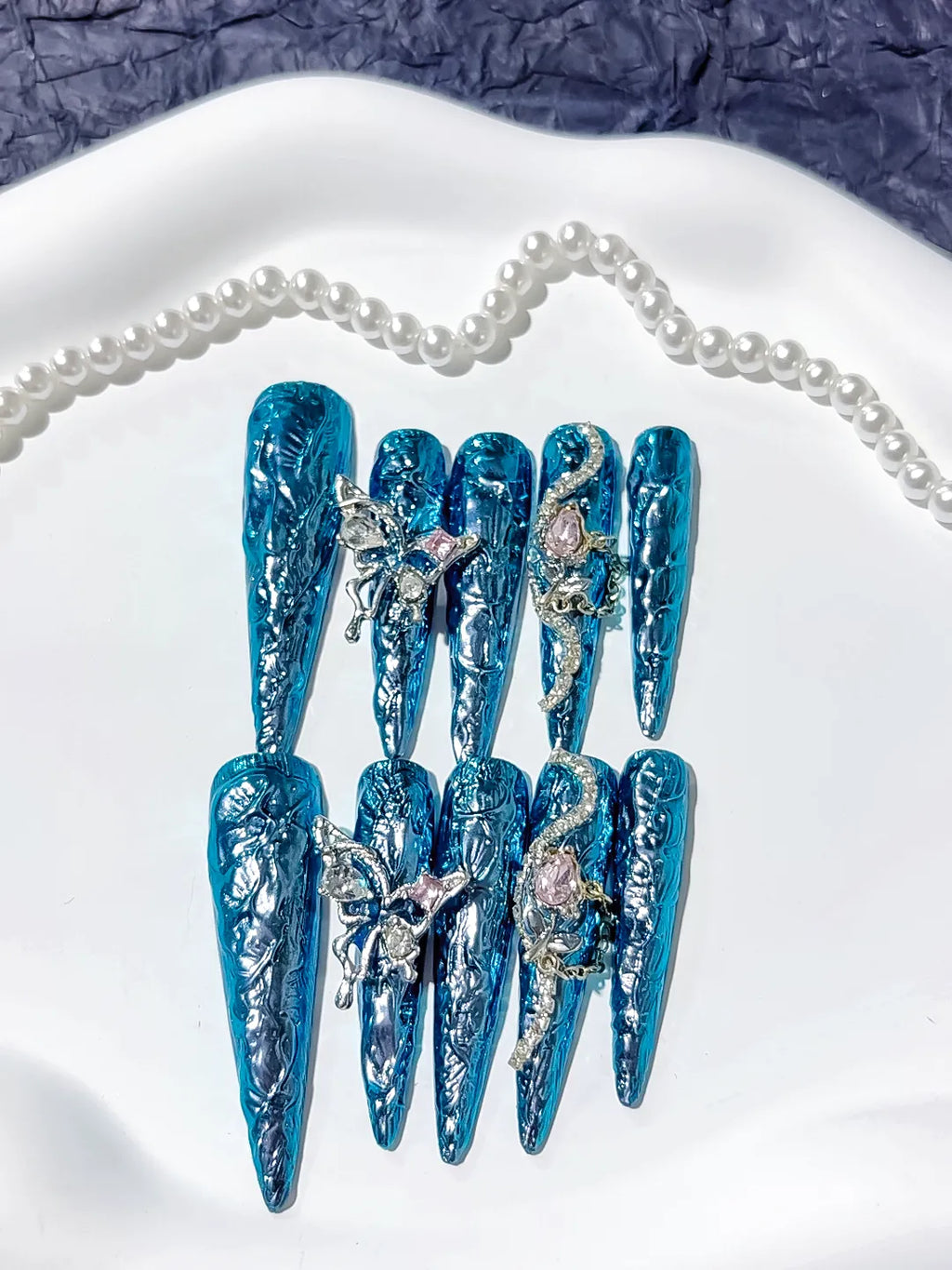 M107 - Long Blue Silver Stiletto Glitter Rhinestone