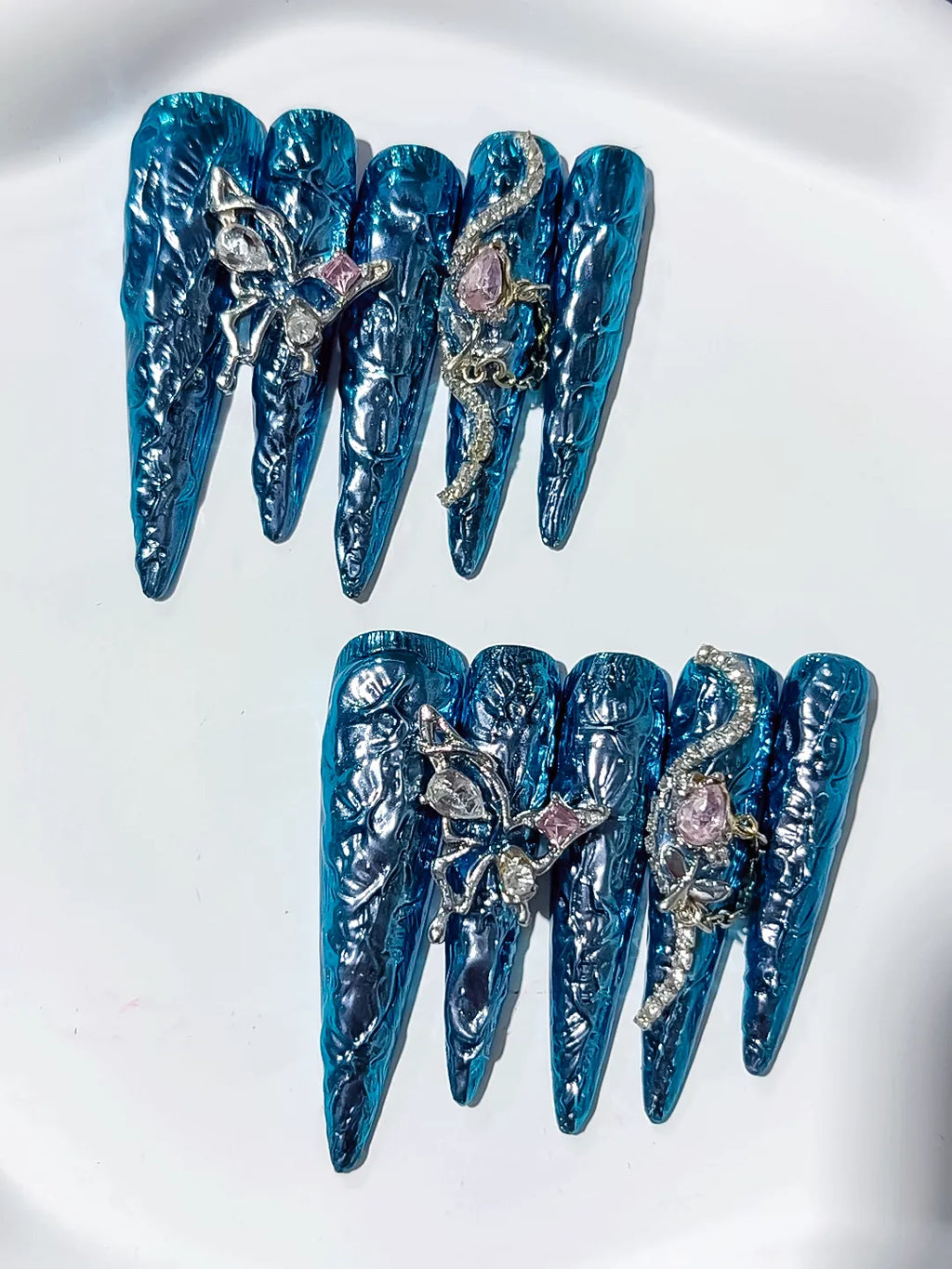 M107 - Long Blue Silver Stiletto Glitter Rhinestone