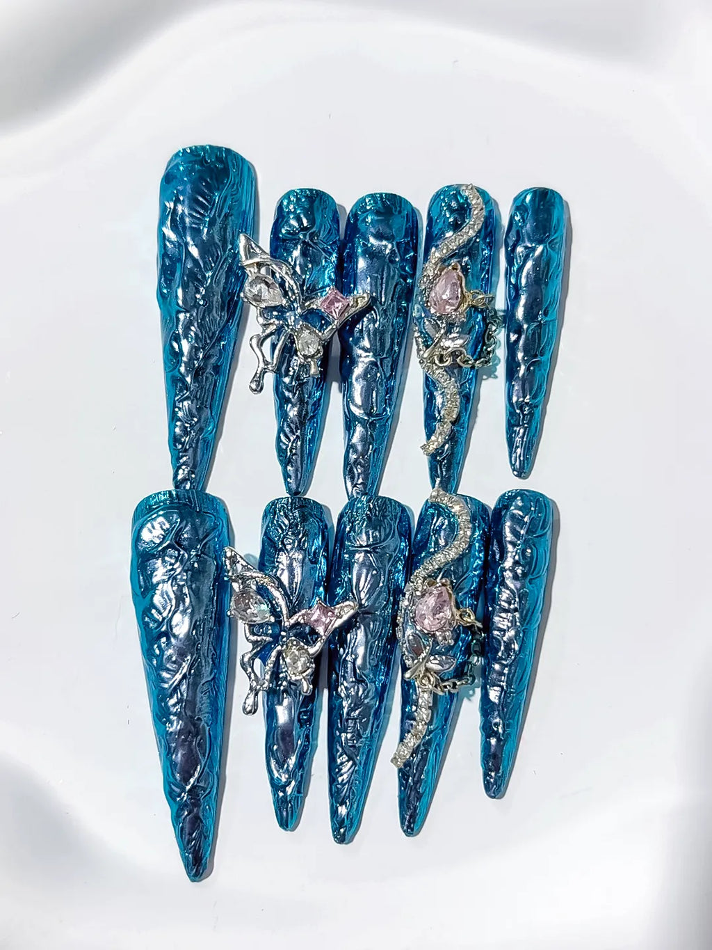 M107 - Long Blue Silver Stiletto Glitter Rhinestone