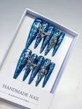 M107 - Long Blue Silver Stiletto Glitter Rhinestone