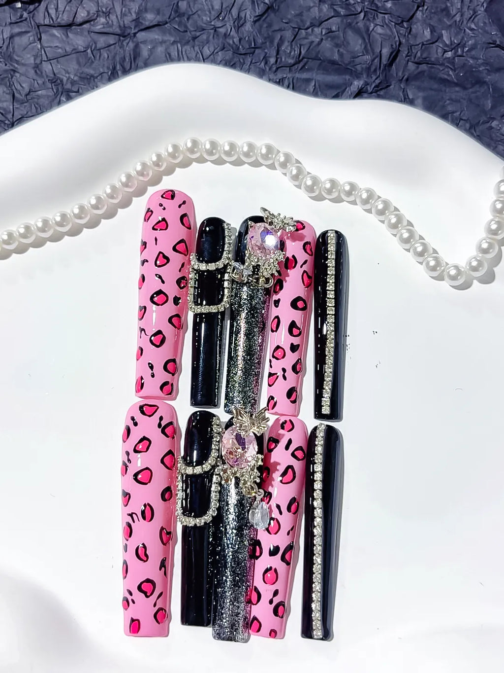 M108 - Long Pink Black Square Abstract Animal Print Linework