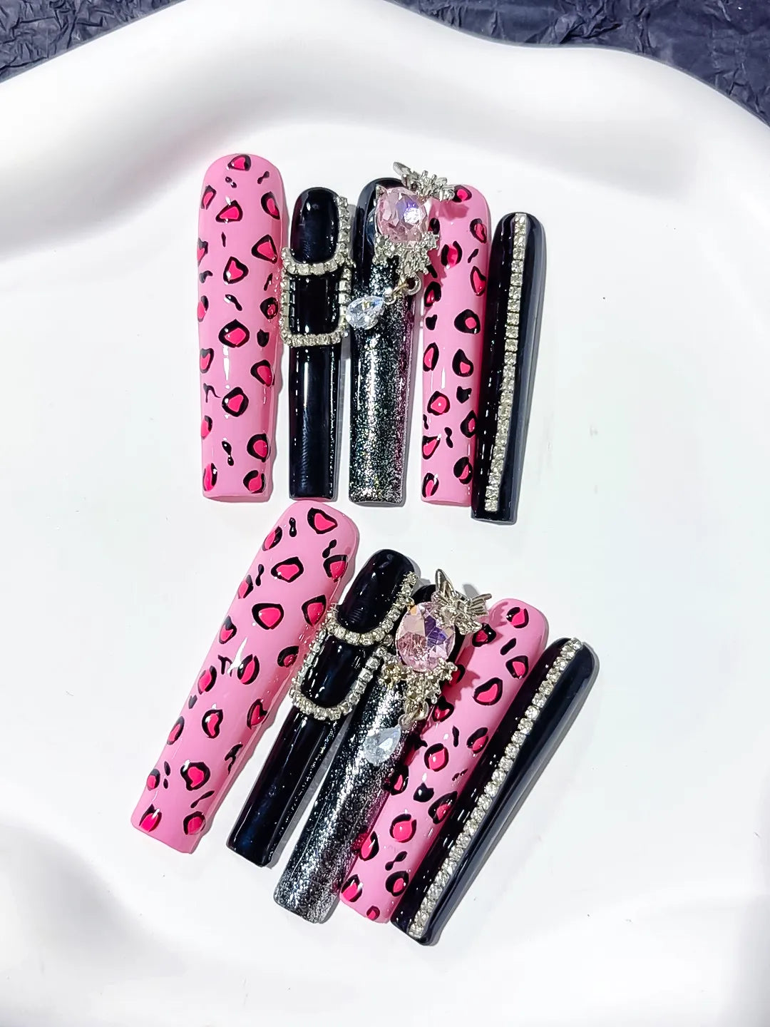 M108 - Long Pink Black Square Abstract Animal Print Linework