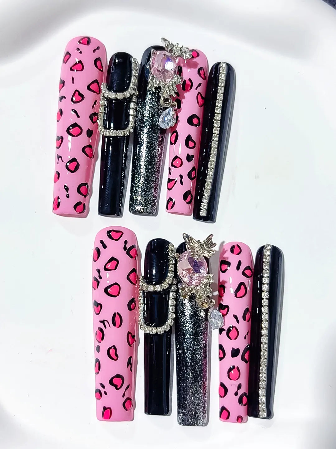 M108 - Long Pink Black Square Abstract Animal Print Linework