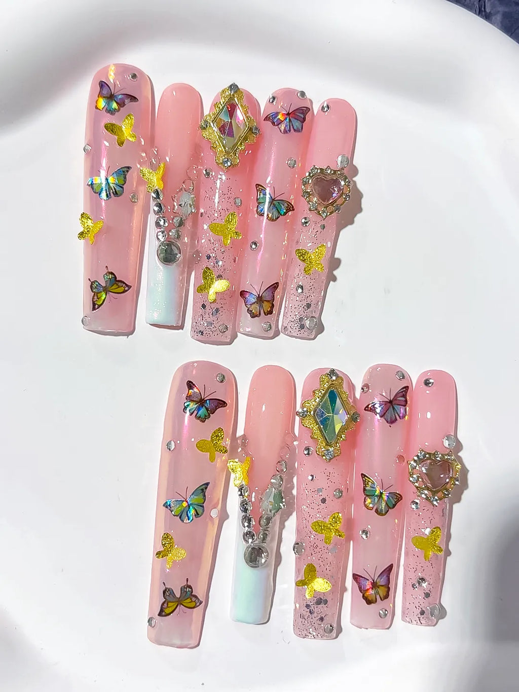 M109 - Long Pink Nude Square Solid color Heart Rhinestone