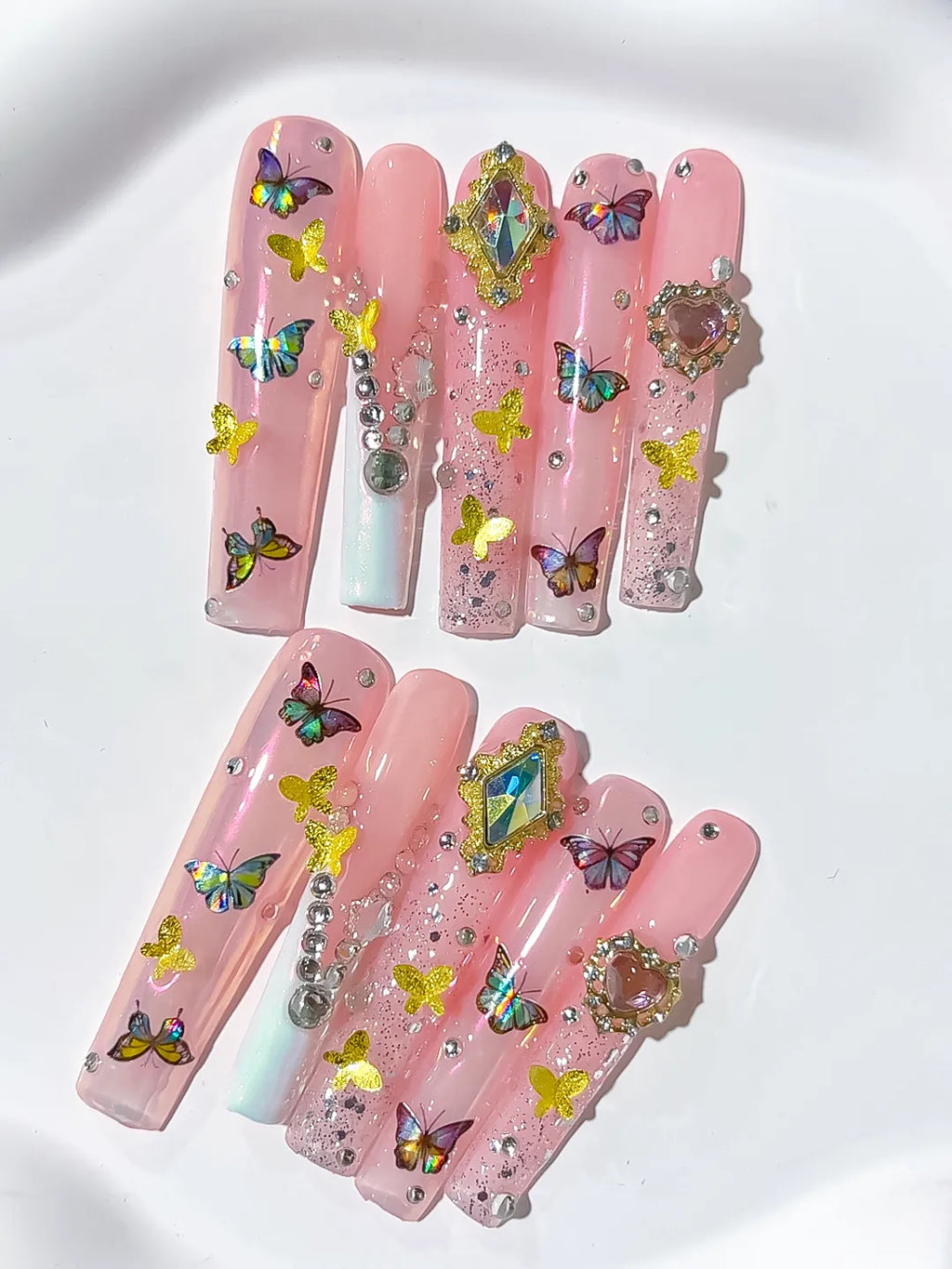 M109 - Long Pink Nude Square Solid color Heart Rhinestone
