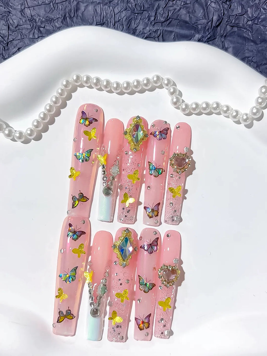 M109 - Long Pink Nude Square Solid color Heart Rhinestone