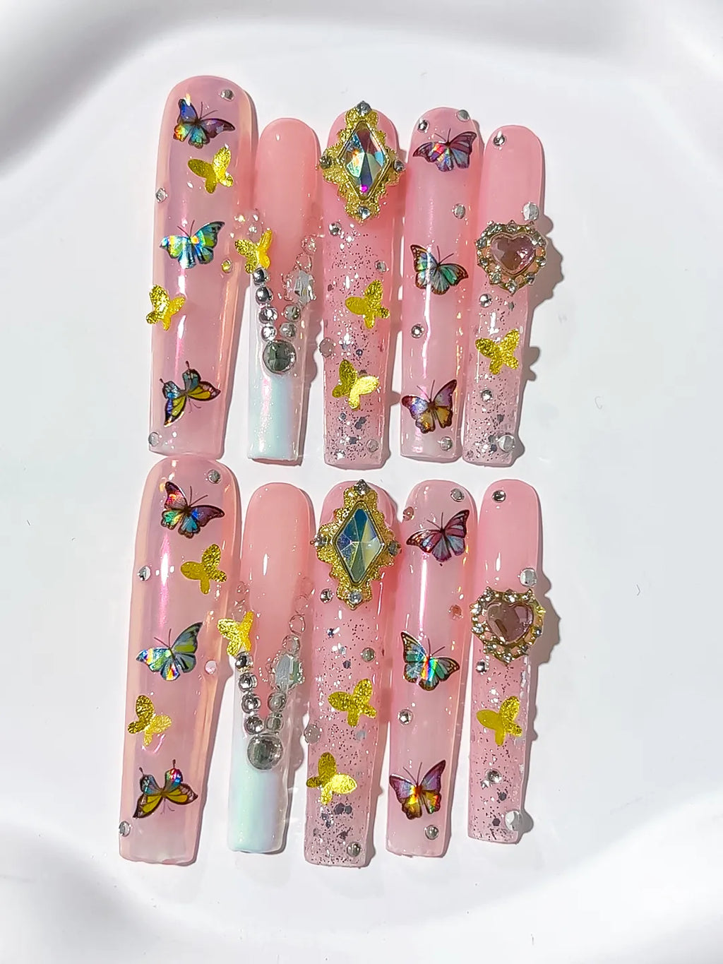 M109 - Long Pink Nude Square Solid color Heart Rhinestone