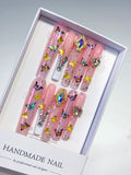 M109 - Long Pink Nude Square Solid color Heart Rhinestone